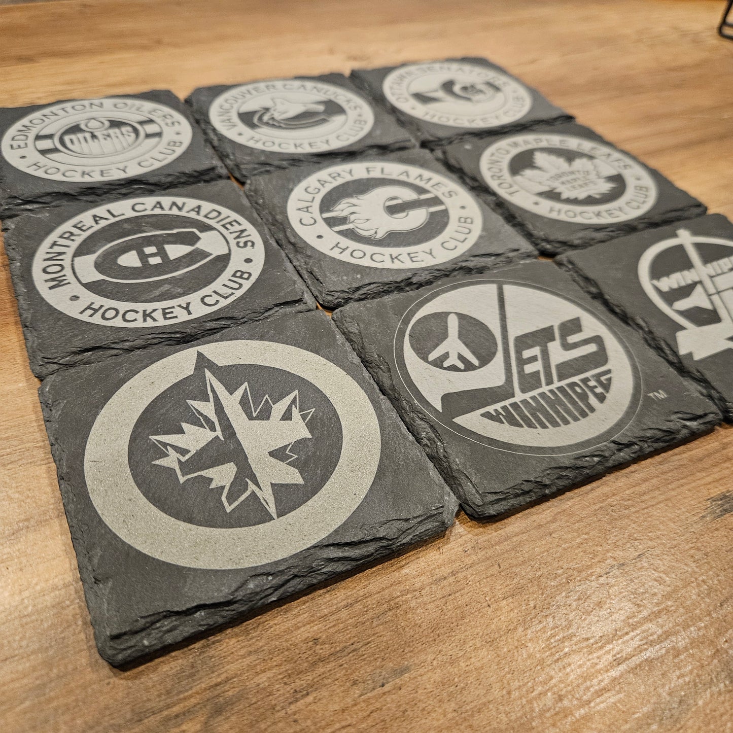 NHL Team Engraved Slate Coasters - Personalized Hockey Fan Gift - Custom Team Logo Drink Coasters