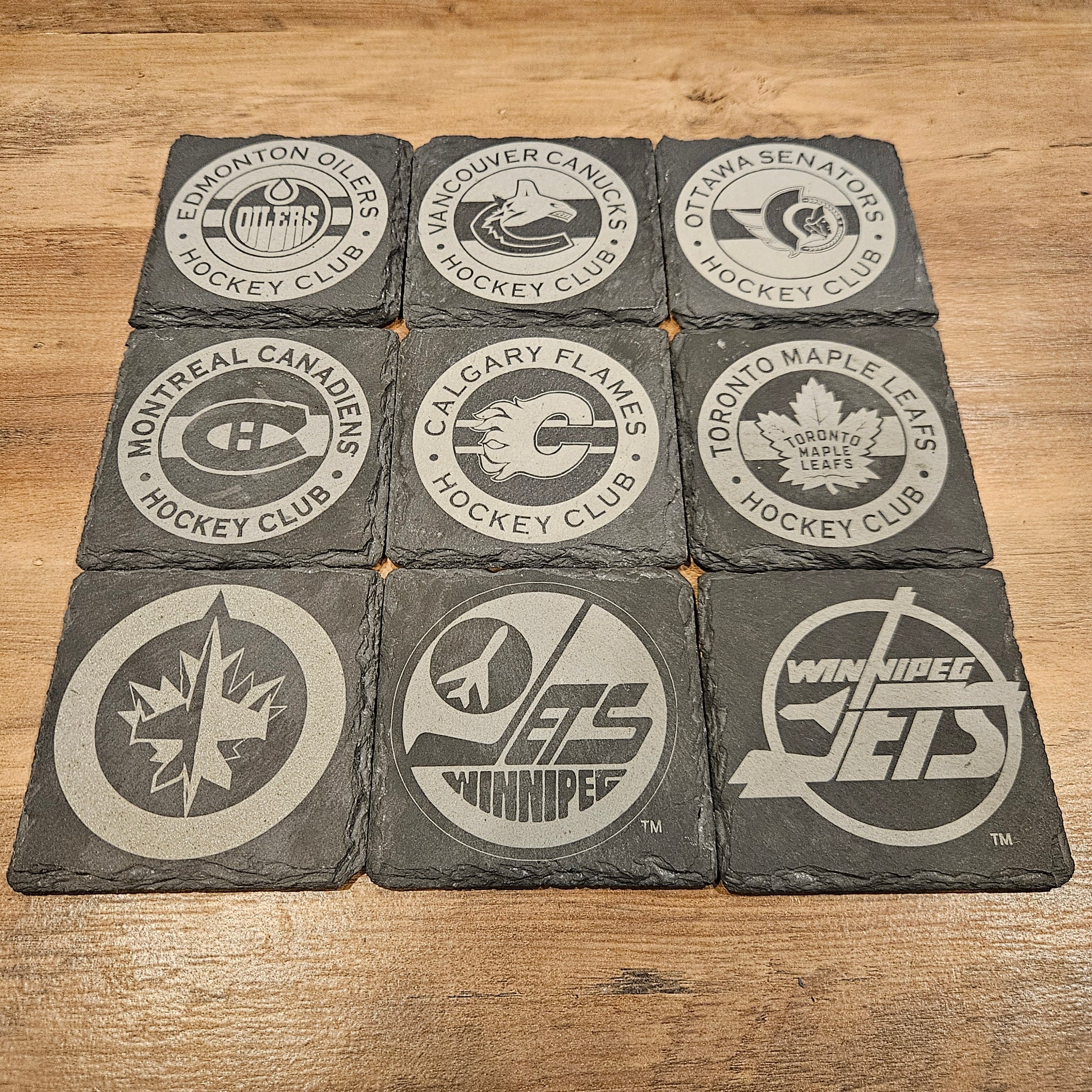 NHL Team Engraved Slate Coasters - Personalized Hockey Fan Gift - Custom Team Logo Drink Coasters - Contour Supply Co.