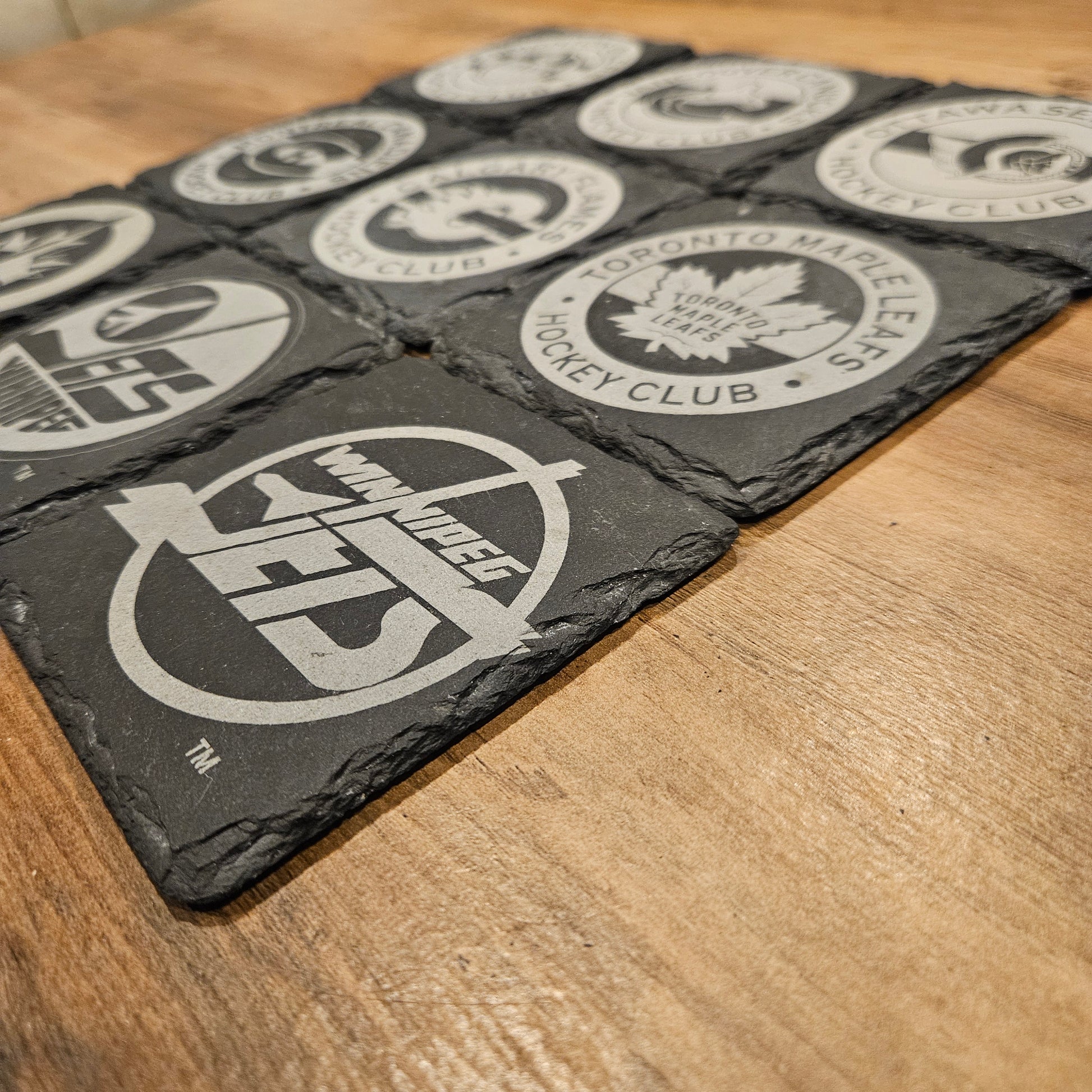 NHL Team Engraved Slate Coasters - Personalized Hockey Fan Gift - Custom Team Logo Drink Coasters - Contour Supply Co.