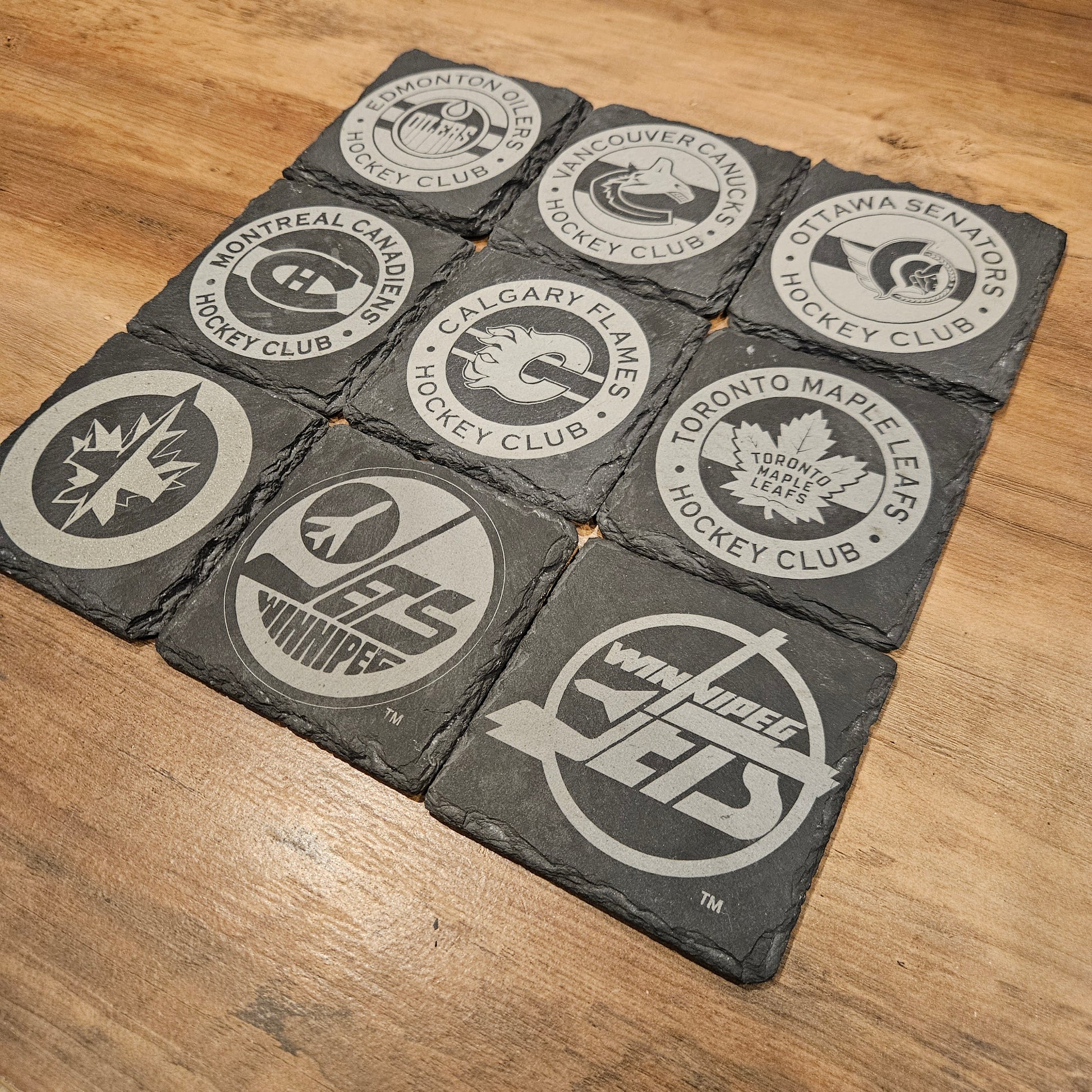 NHL Team Engraved Slate Coasters - Personalized Hockey Fan Gift - Custom Team Logo Drink Coasters - Contour Supply Co.