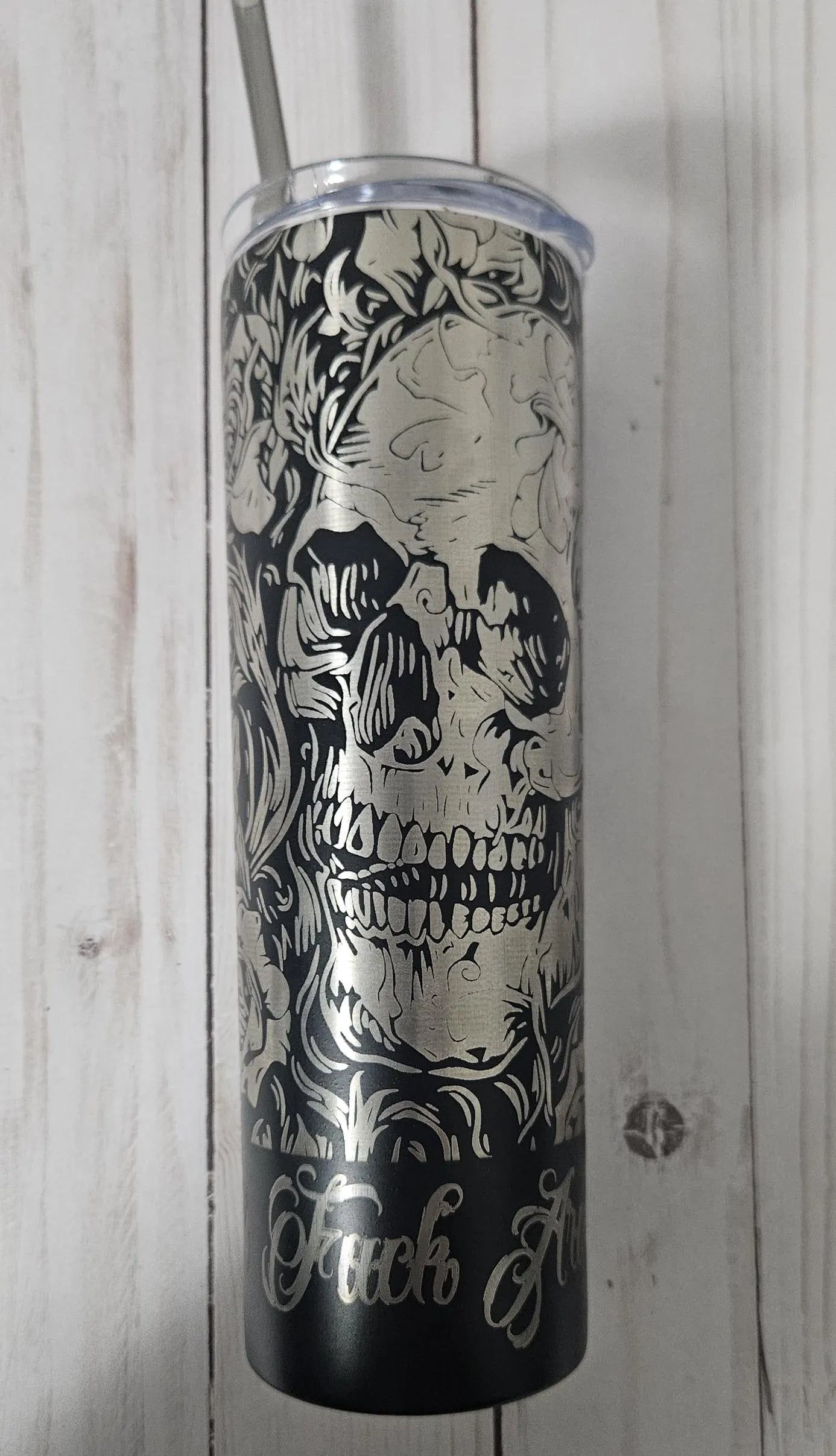 Fuck Around & Find Out - Engraved 20oz Insulated Skinny Tumbler | Skull and Roses Design | Laser Engraved Wrap