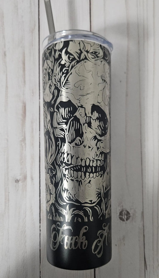 Fuck Around & Find Out - Engraved 20oz Insulated Skinny Tumbler | Skull and Roses Design | Laser Engraved Wrap - Contour Supply Co.