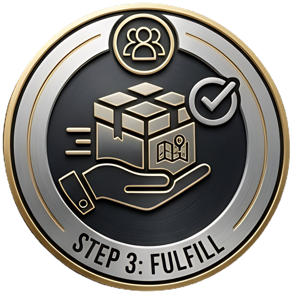 Circular icon with a hand holding a package, checkmark, and person icon, labeled 'Step 3: Fulfill'.